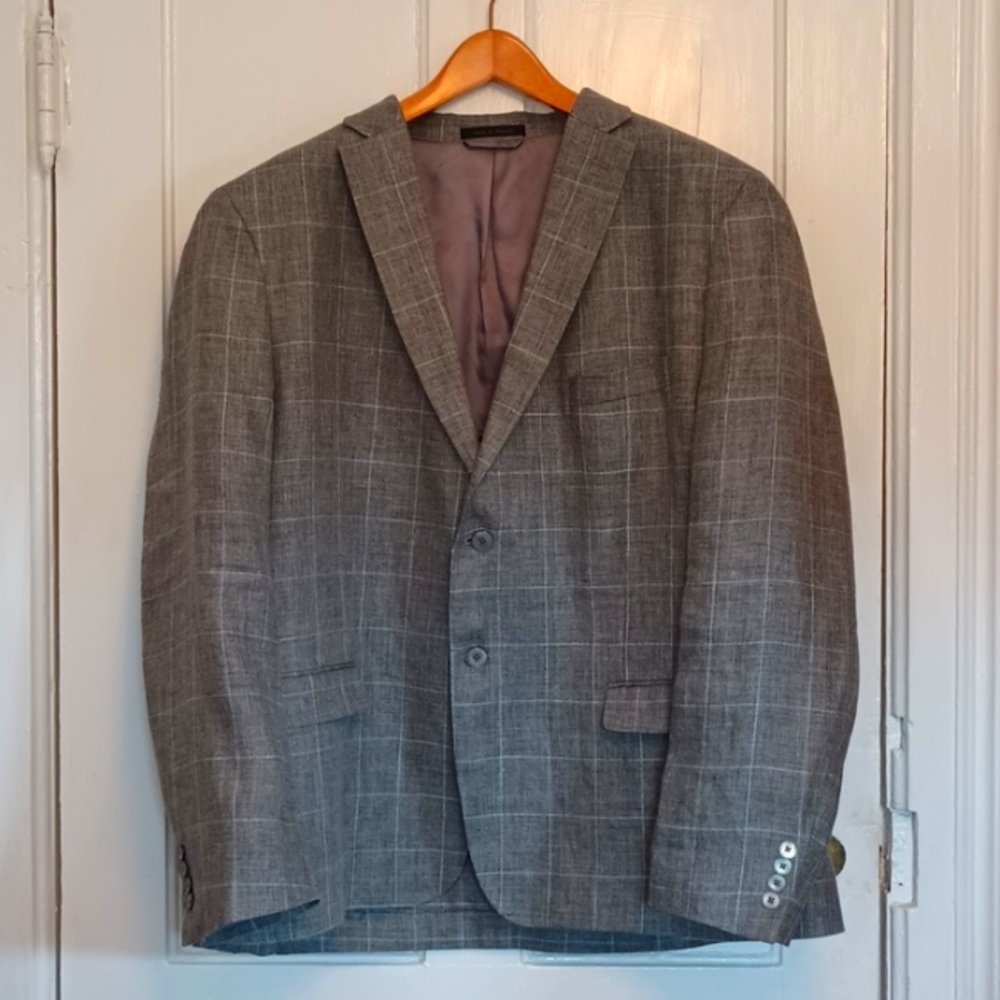 Men's EUC Ralph Lauren Light Gray and Blue plaid Spring Linen Blazer 50R